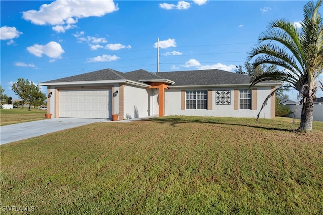 ranch-style house featuring a front lawn and a garage