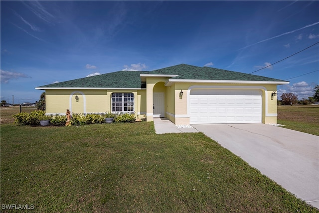 view of front of property with a garage and a front lawn