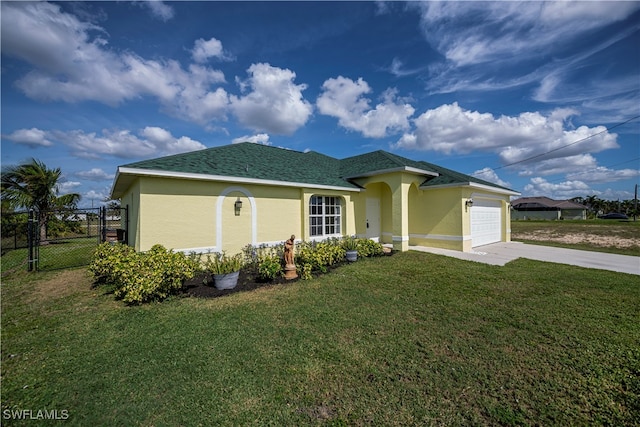 view of front facade with a garage and a front lawn