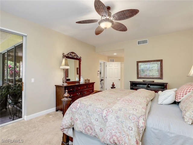 carpeted bedroom with access to exterior and ceiling fan