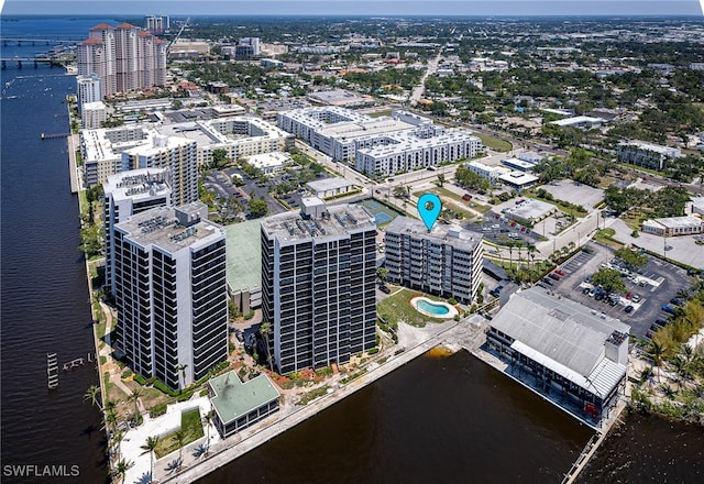 drone / aerial view featuring a water view