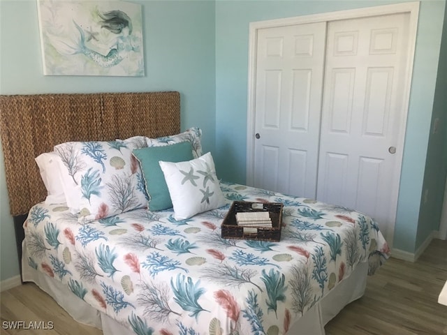 bedroom with hardwood / wood-style floors and a closet