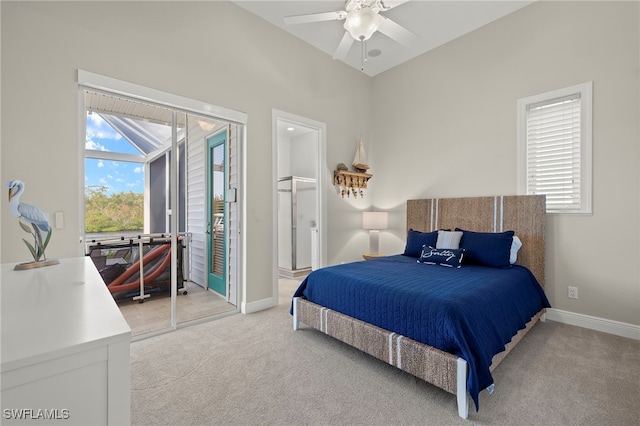 bedroom featuring ceiling fan, a closet, and carpet floors