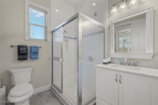 bathroom with tile patterned flooring, vanity, toilet, and an enclosed shower