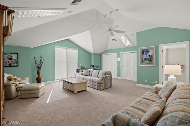 living room with light carpet, ceiling fan, and lofted ceiling