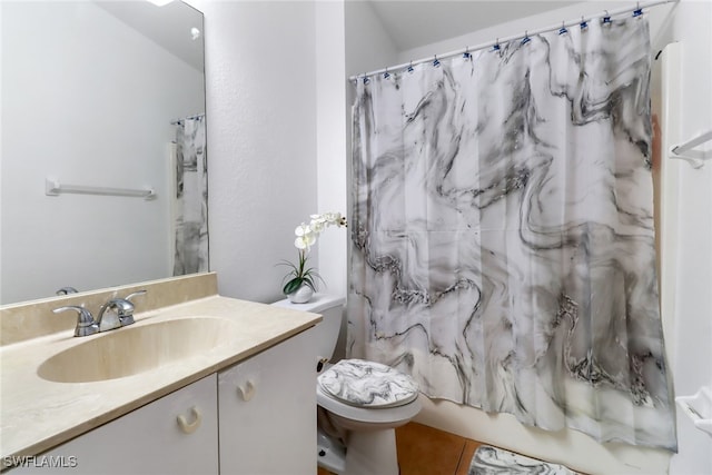 full bathroom with toilet, shower / tub combo with curtain, vanity, and tile patterned flooring