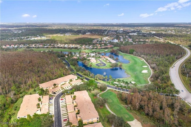 drone / aerial view featuring a water view and view of golf course