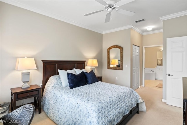 bedroom with visible vents, connected bathroom, ceiling fan, ornamental molding, and light carpet