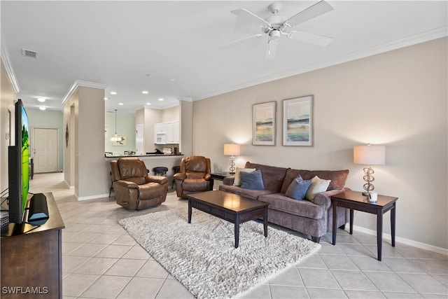 living room with crown molding, light tile patterned floors, and ceiling fan with notable chandelier