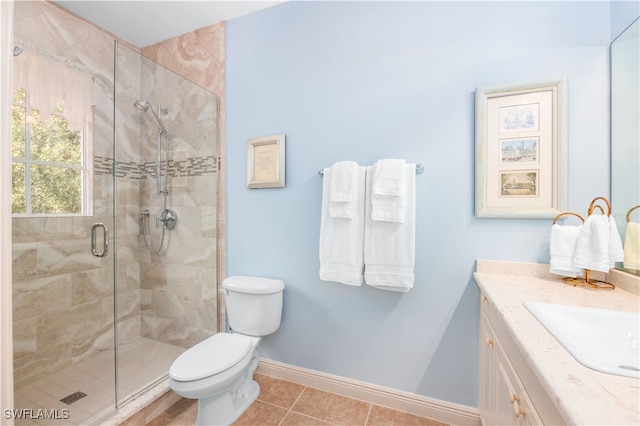 bathroom featuring tile patterned flooring, vanity, toilet, and an enclosed shower