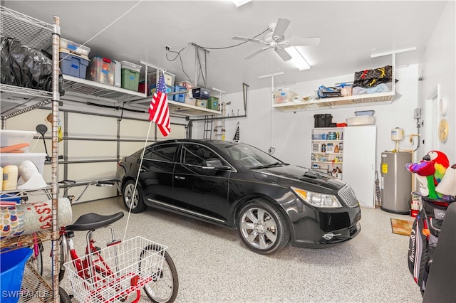 garage with ceiling fan and water heater