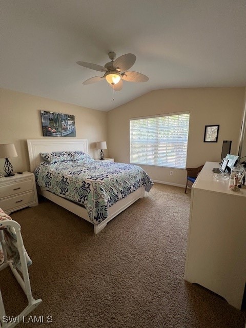 carpeted bedroom featuring ceiling fan and lofted ceiling