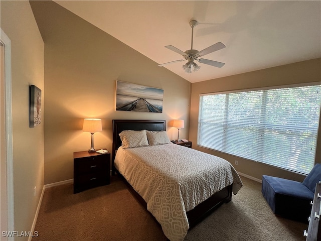 bedroom featuring ceiling fan, carpet floors, and vaulted ceiling