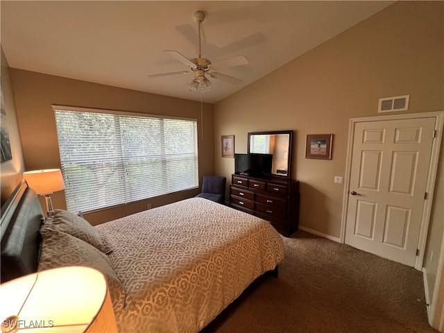 bedroom featuring carpet flooring, ceiling fan, and lofted ceiling