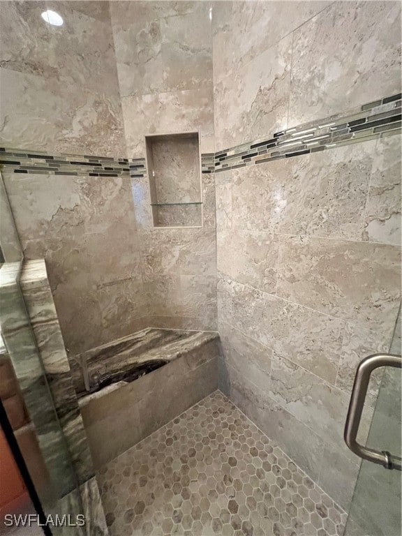 bathroom featuring a shower with shower door