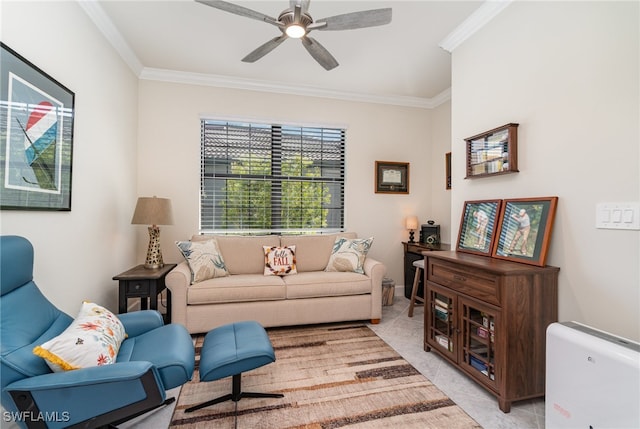 tiled living room featuring ceiling fan and ornamental molding