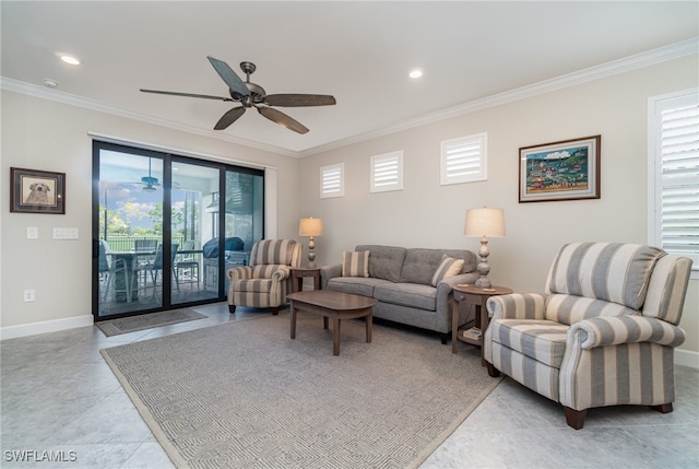 tiled living room featuring crown molding and ceiling fan