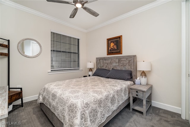 bedroom with ornamental molding, dark carpet, and ceiling fan