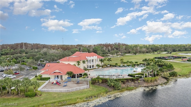 aerial view featuring a water view