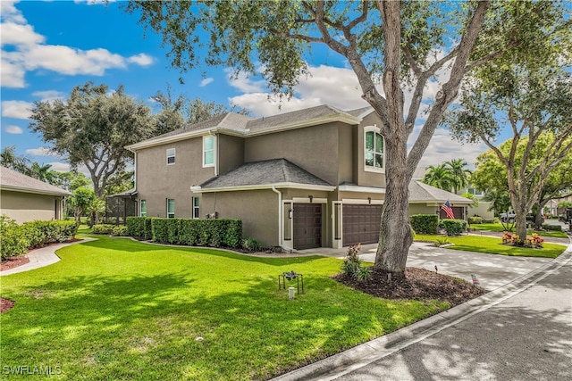 view of property exterior featuring a garage and a lawn