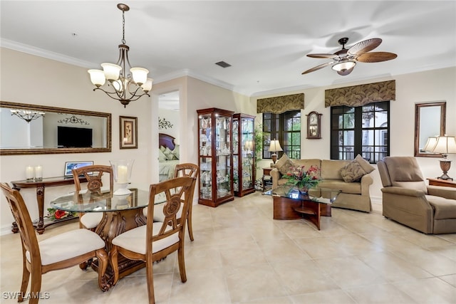 dining space featuring ornamental molding, french doors, ceiling fan with notable chandelier, and light tile patterned floors