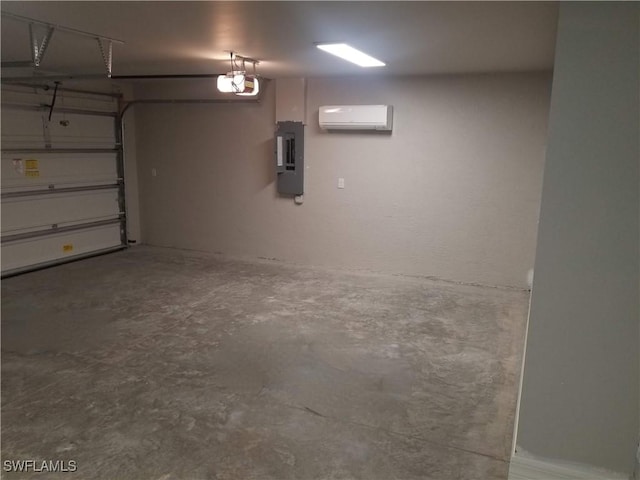 garage with a wall unit AC, electric panel, and a garage door opener