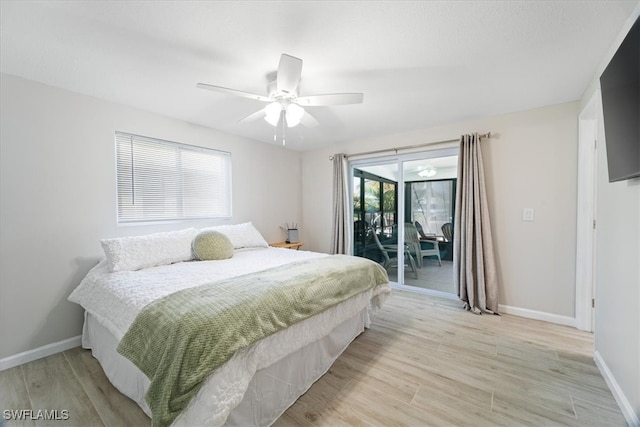 bedroom with access to outside, ceiling fan, and light wood-type flooring