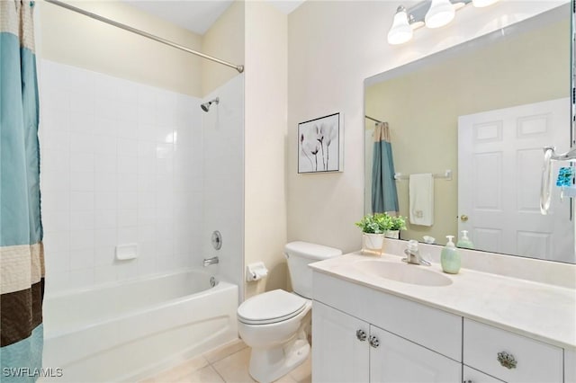 full bathroom featuring shower / tub combo with curtain, toilet, tile patterned flooring, and vanity