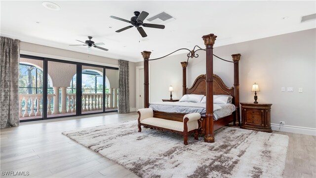 bedroom with light hardwood / wood-style floors, access to exterior, and ceiling fan