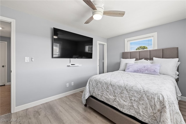 bedroom featuring light hardwood / wood-style floors and ceiling fan