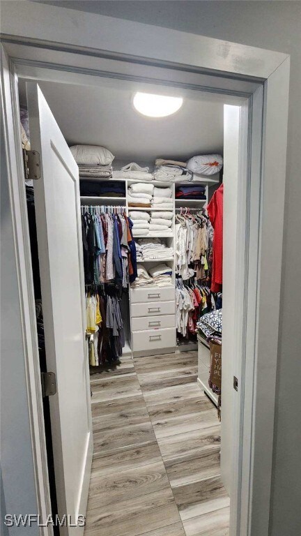 spacious closet with light hardwood / wood-style flooring