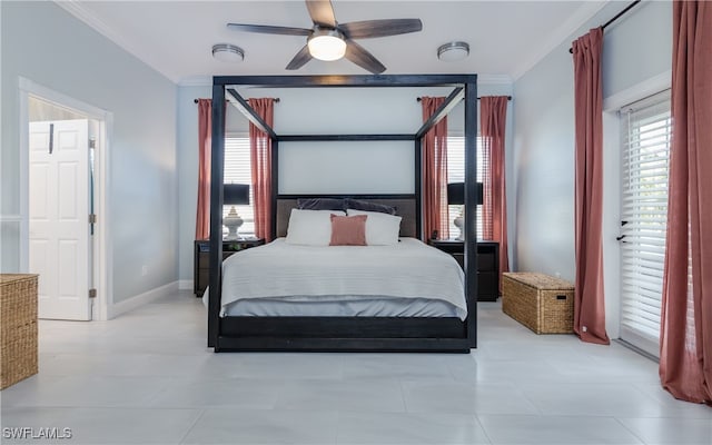 bedroom featuring ceiling fan, light tile patterned floors, and ornamental molding