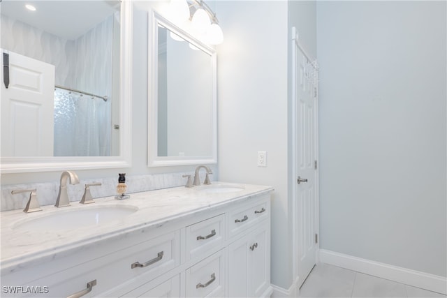 bathroom featuring vanity, tile patterned floors, and a shower with shower curtain