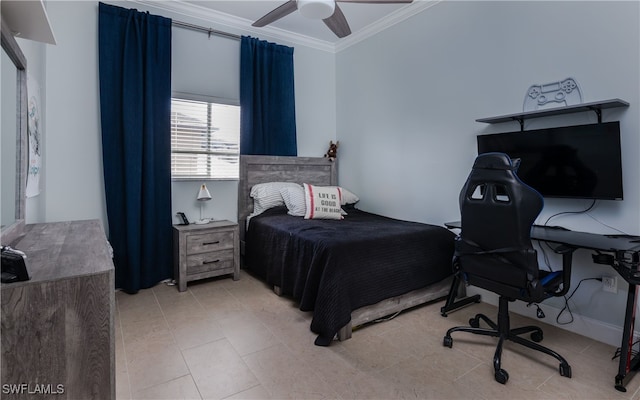 bedroom featuring ceiling fan and ornamental molding