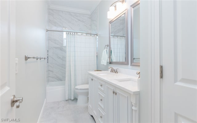 full bathroom featuring ornamental molding, shower / tub combo with curtain, toilet, and vanity