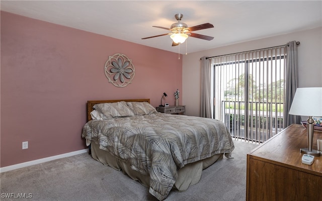 carpeted bedroom with ceiling fan and access to exterior