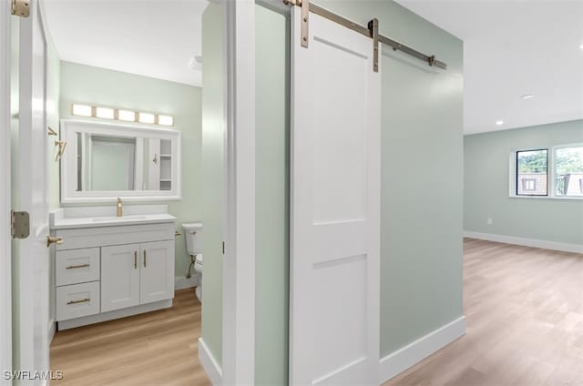 bathroom featuring hardwood / wood-style floors, vanity, and toilet