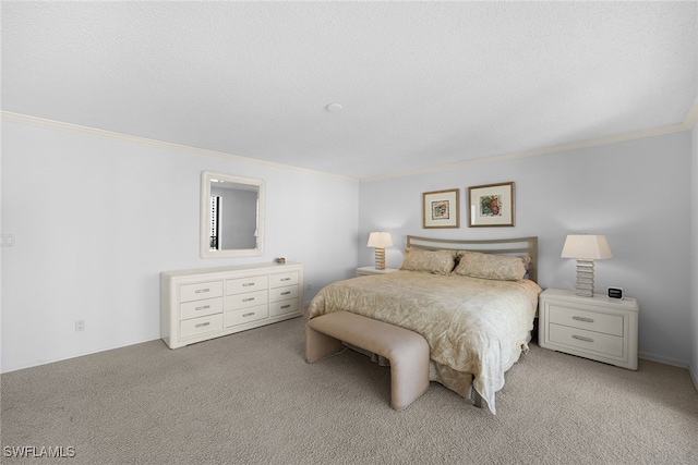 bedroom with light colored carpet, a textured ceiling, and ornamental molding