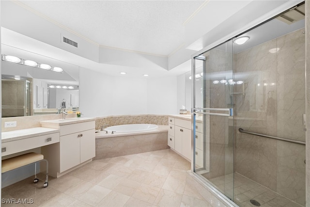 bathroom with separate shower and tub, vanity, a textured ceiling, and ornamental molding