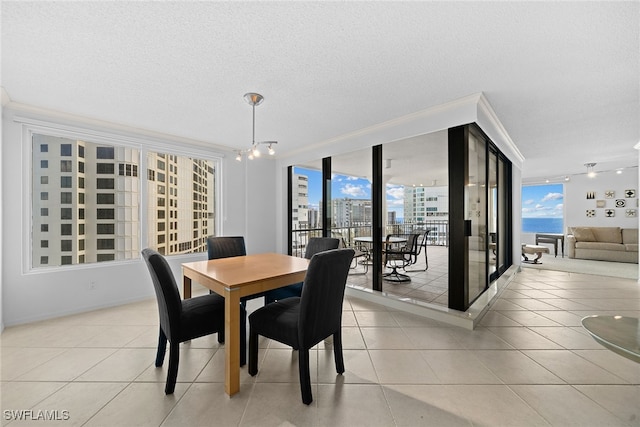 dining room featuring light tile patterned floors, a textured ceiling, and floor to ceiling windows