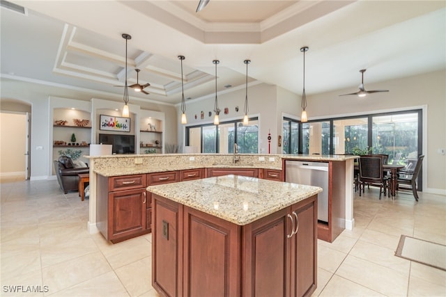 kitchen with visible vents, a ceiling fan, dishwasher, a spacious island, and crown molding