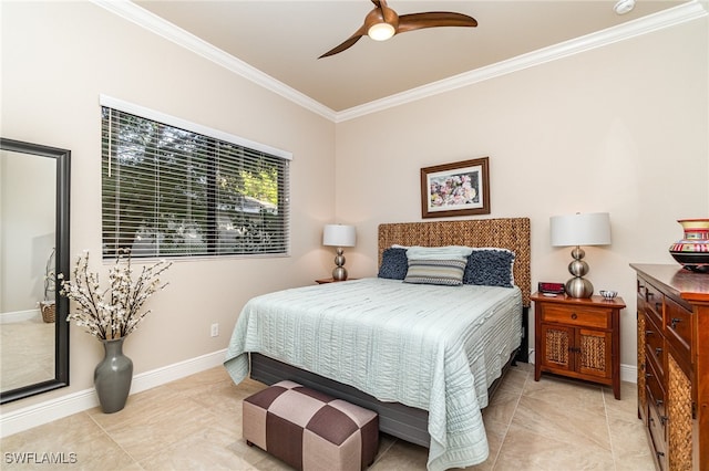 bedroom with ceiling fan, ornamental molding, and baseboards