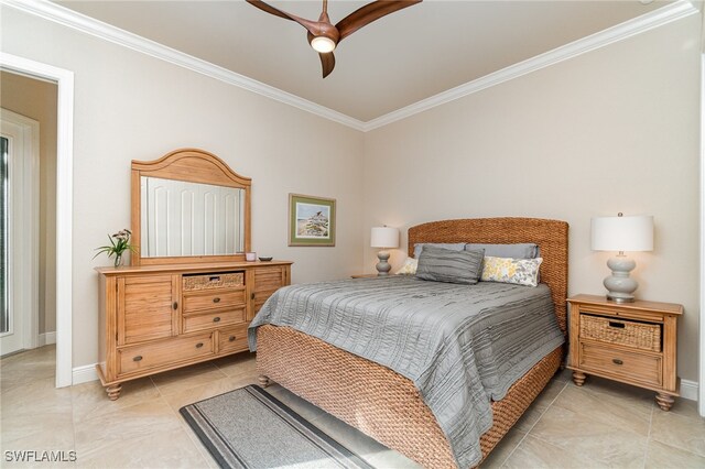 bedroom featuring ceiling fan, baseboards, and crown molding