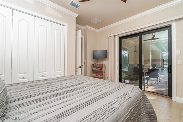 bedroom featuring access to exterior, crown molding, a closet, visible vents, and baseboards