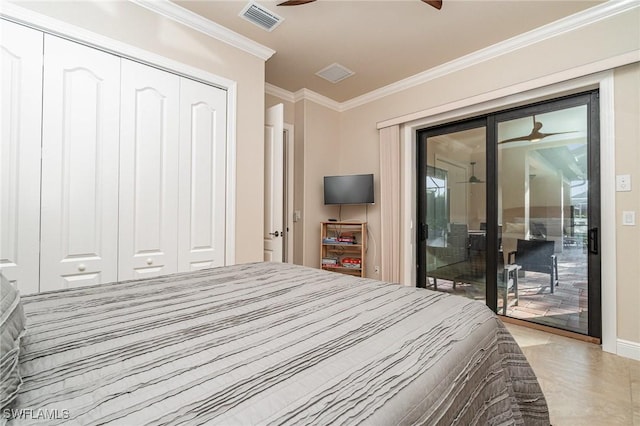 1200 SW 38th St, Cape Coral, FL 33914 - bedroom with access to exterior, crown molding, a closet, baseboards, and ceiling fan