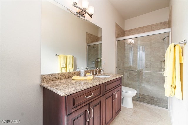 full bath featuring toilet, a stall shower, and vanity