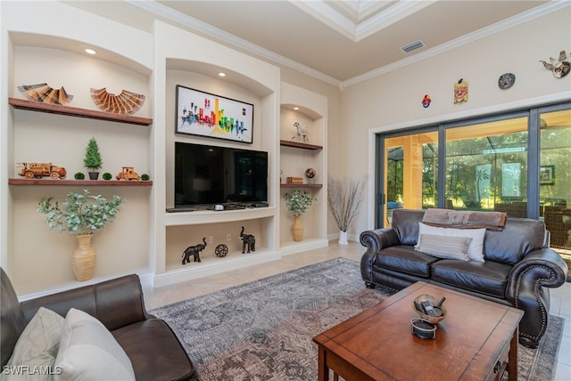 living room with visible vents, built in features, baseboards, ornamental molding, and tile patterned floors