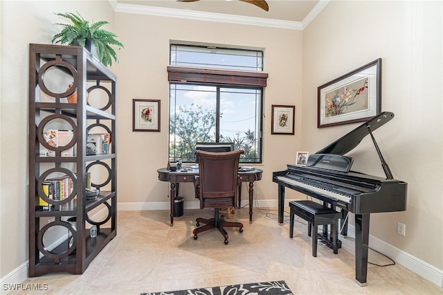 1200 SW 38th St, Cape Coral, FL 33914 - tiled home office featuring ornamental molding, baseboards, and a ceiling fan