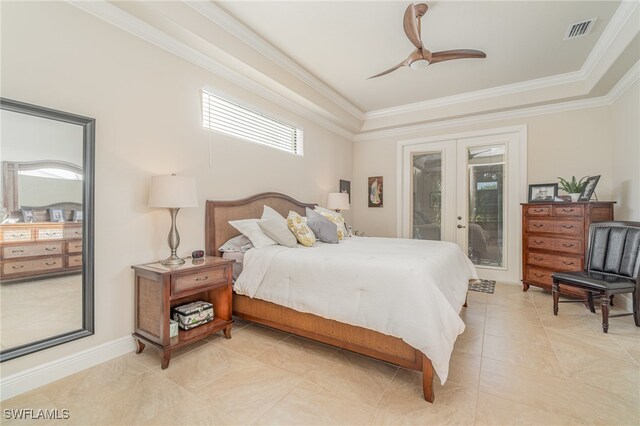 bedroom with ceiling fan, visible vents, access to exterior, ornamental molding, and french doors