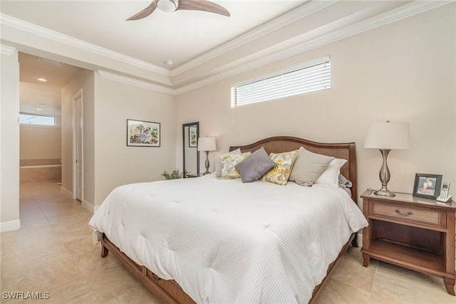 bedroom with baseboards, multiple windows, ornamental molding, and ceiling fan